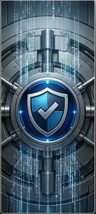 Commander Immutable Foundation visual: protected shield and bounded digital architecture